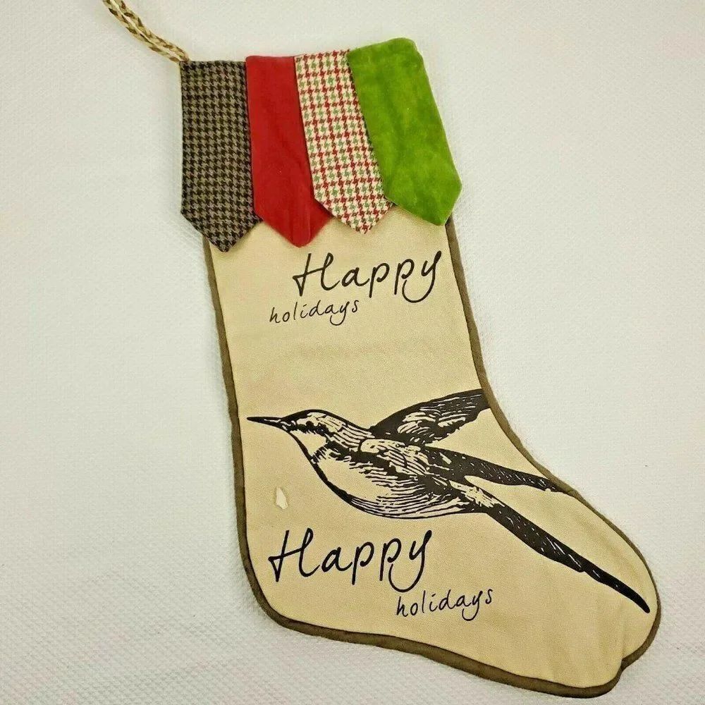 Pier 1 Christmas Stocking Beige Bird Happy Holiday